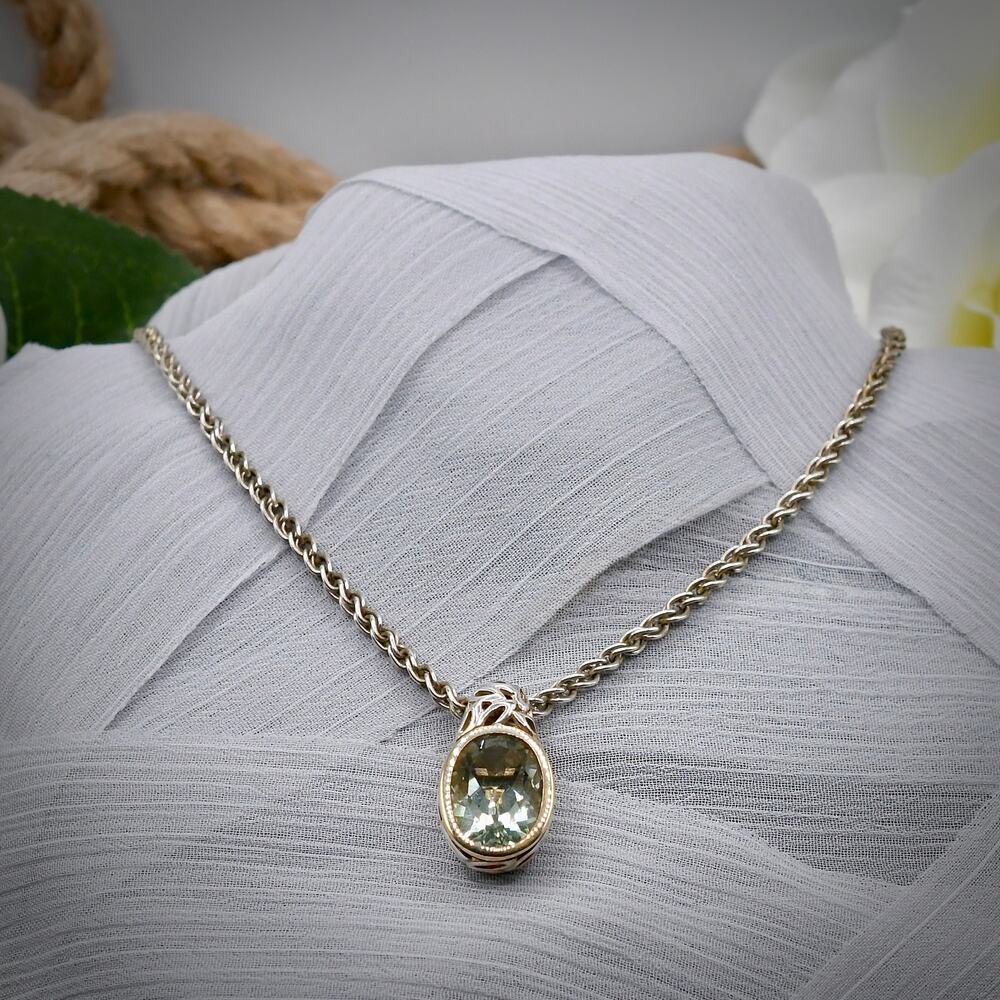 Lorenzo 970 Silver 18K Gold Faceted Prasiolite Green Quartz Pendant Necklace